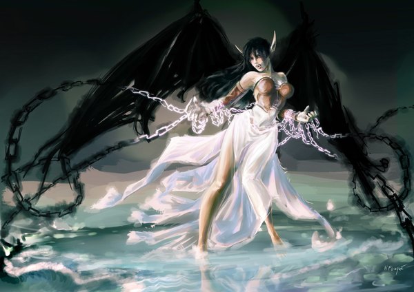 Anime picture 1900x1345 with league of legends morgana (league of legends) nfouque single long hair looking at viewer highres black hair barefoot pointy ears black wings girl dress wings water chain corset
