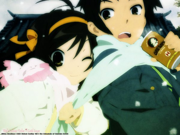 Anime picture 1600x1200 with suzumiya haruhi no yuutsu kyoto animation suzumiya haruhi kyon short hair open mouth black hair smile brown eyes ahoge outdoors one eye closed wink copyright name snowing winter snow exhalation third-party edit girl