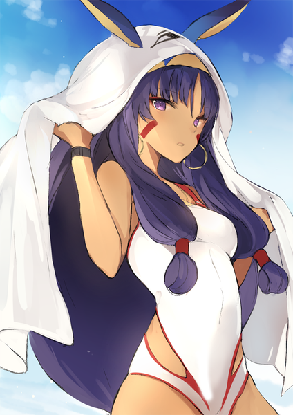 Anime picture 700x990 with fate (series) fate/grand order nitocris (fate) nitocris (swimsuit assassin) (fate) lpip single long hair tall image looking at viewer fringe light erotic hair between eyes purple eyes holding animal ears sky purple hair upper body dark skin facial mark