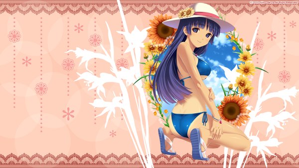 Anime picture 1920x1080 with koutaro single long hair highres blue eyes light erotic wide image sitting blue hair girl flower (flowers) swimsuit hat bikini sunflower