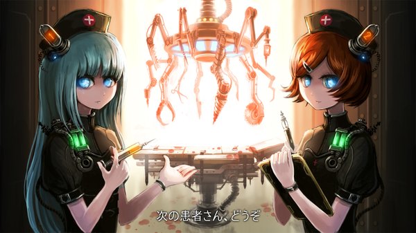 Anime picture 1600x900 with original ume (illegal bible) long hair looking at viewer short hair blue eyes wide image multiple girls blue hair red hair nurse girl hair ornament 2 girls hairclip blood pen syringe drill