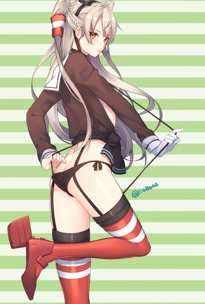 Anime picture 1181x1748 with kantai collection amatsukaze destroyer lio (rumei2265874644) single long hair tall image looking at viewer blush fringe light erotic standing signed silver hair bent knee (knees) parted lips orange hair two side up standing on one leg green background striped background