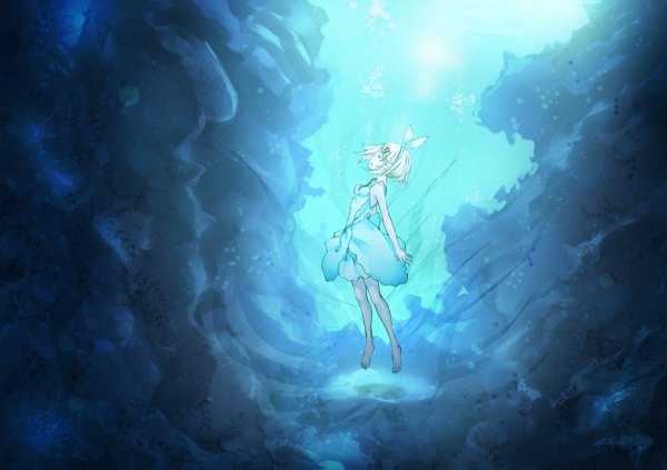Anime picture 1200x847 with vocaloid pixiv kagamine rin mille (dieci) single short hair blonde hair eyes closed barefoot blue background weightlessness girl dress bow hair bow water headband bubble (bubbles) algae