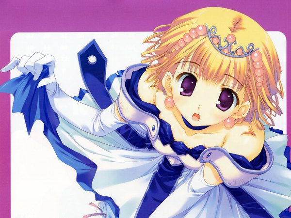 Anime picture 1600x1200 with fullani princess (fullani) mitsumi misato single looking at viewer fringe short hair open mouth blonde hair purple eyes bare shoulders from above wallpaper drill hair princess girl dress gloves earrings elbow gloves