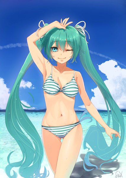 Anime picture 1628x2294 with vocaloid hatsune miku fkey single long hair tall image breasts smile standing twintails sky cloud (clouds) one eye closed aqua eyes wink aqua hair girl navel ribbon (ribbons) swimsuit