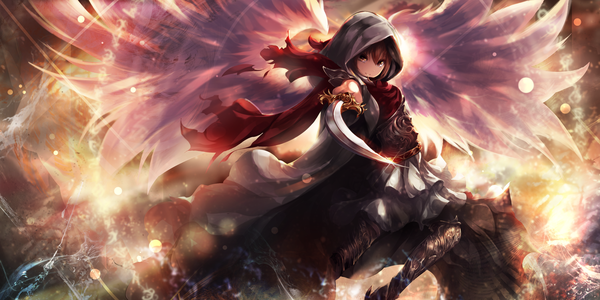 Anime picture 3307x1654 with original riburanomind single looking at viewer fringe highres short hair brown hair wide image holding yellow eyes bent knee (knees) sunlight torn clothes glow girl weapon wings armor cape