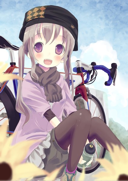 Anime picture 3182x4501 with original shiro (octet) long hair tall image blush highres open mouth brown hair twintails purple eyes absurdres girl hat pantyhose scarf ground vehicle bicycle
