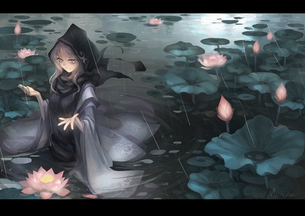 Anime picture 1368x967 with touhou kumoi ichirin monono single long hair smile purple eyes purple hair letterboxed rain girl dress flower (flowers) water hood water lily