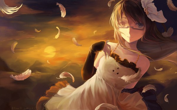 Anime picture 1440x900 with original bzerox single long hair looking at viewer brown hair bare shoulders cloud (clouds) heterochromia girl dress hair ornament detached sleeves glasses feather (feathers) sun