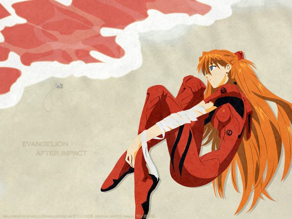 Anime picture 1600x1200 with neon genesis evangelion gainax soryu asuka langley afwells single long hair highres blue eyes signed profile orange hair inscription wallpaper dated vector third-party edit seaside colored girl bodysuit