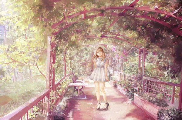 Anime picture 1236x816 with original charmf single long hair looking at viewer fringe brown hair brown eyes light smile sunlight high heels sunbeam girl dress flower (flowers) plant (plants) tree (trees) white dress table arch