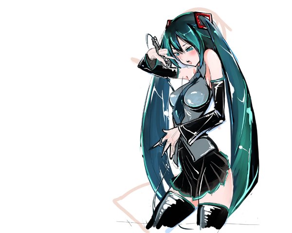 Anime picture 1200x960 with vocaloid hatsune miku single long hair blue eyes simple background white background twintails aqua hair girl thighhighs detached sleeves necktie microphone