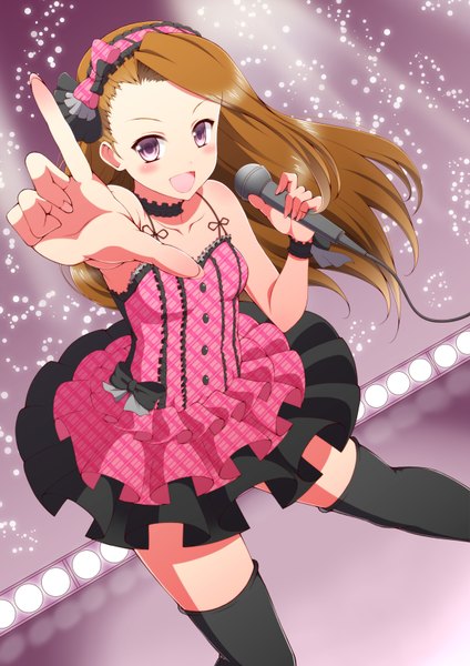 Anime picture 1190x1684 with idolmaster minase iori ookami maito single long hair tall image looking at viewer blush open mouth brown hair purple eyes bare shoulders girl thighhighs dress black thighhighs hairband microphone