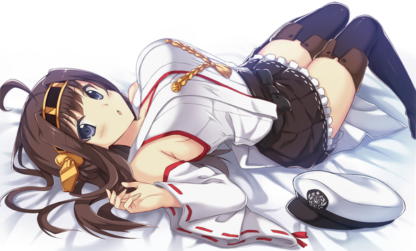 Anime picture 1200x726 with kantai collection kongou battleship peach88 single long hair looking at viewer blush breasts open mouth blue eyes brown hair wide image traditional clothes nontraditional miko girl thighhighs hair ornament black thighhighs detached sleeves peaked cap
