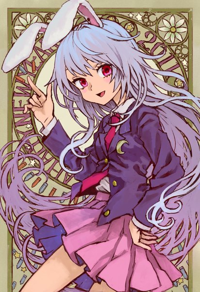 Anime picture 1460x2122 with touhou reisen udongein inaba ama-tou single long hair tall image looking at viewer blush open mouth red eyes animal ears purple hair inscription bunny ears hand on hip girl bullet