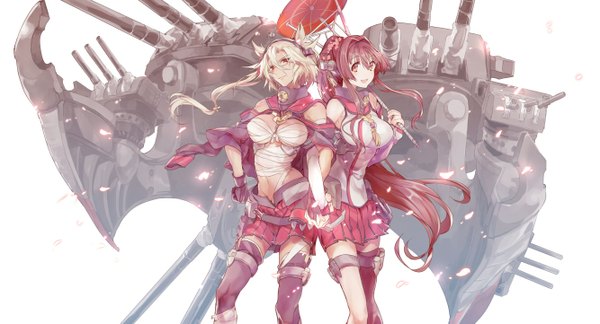 Anime picture 1334x721 with kantai collection yamato super battleship musashi super battleship hattori masahiko long hair looking at viewer open mouth simple background blonde hair red eyes brown hair wide image white background twintails multiple girls brown eyes ponytail traditional clothes japanese clothes hair flower