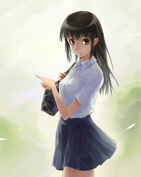 Anime picture 793x1000 with original shacchi single long hair tall image black hair brown eyes pointing girl skirt shirt school bag