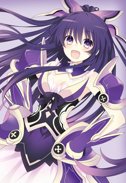 Anime picture 2031x2952 with date a live yatogami tooka cui qing single long hair tall image looking at viewer blush fringe highres open mouth hair between eyes purple eyes purple hair upper body ponytail :d floating hair happy half updo