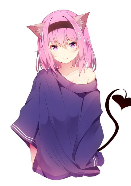 Anime picture 2480x3508 with huaimeng single tall image looking at viewer fringe highres short hair simple background hair between eyes white background purple eyes animal ears pink hair upper body tail cat ears off shoulder demon tail girl headband