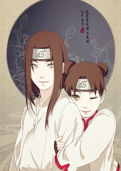 Anime picture 826x1168 with naruto studio pierrot naruto (series) hyuuga neji tenten juni gen long hair tall image short hair simple background smile brown hair brown eyes one eye closed wink grey eyes hair bun (hair buns) couple hug holding hands