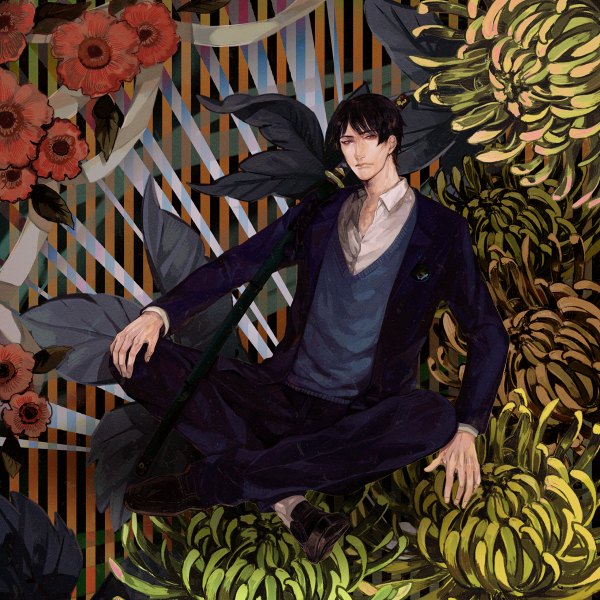 Anime picture 1200x1200 with prince of tennis sanada genichiroh kusari n ba (kigou) single looking at viewer short hair brown hair sitting open clothes open jacket crossed legs striped open collar striped background boy flower (flowers) weapon shirt sword shoes