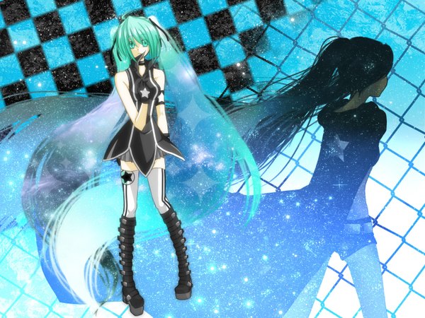 Anime picture 1400x1050 with black rock shooter vocaloid hatsune miku black rock shooter (character) black hair twintails multiple girls green hair from behind crossover checkered background girl dress gloves 2 girls shorts boots