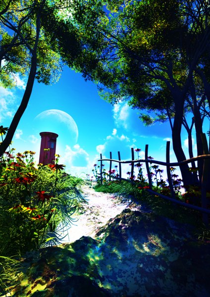 Anime picture 1400x1980 with original y-k tall image sky cloud (clouds) no people landscape flower (flowers) plant (plants) tree (trees) grass planet