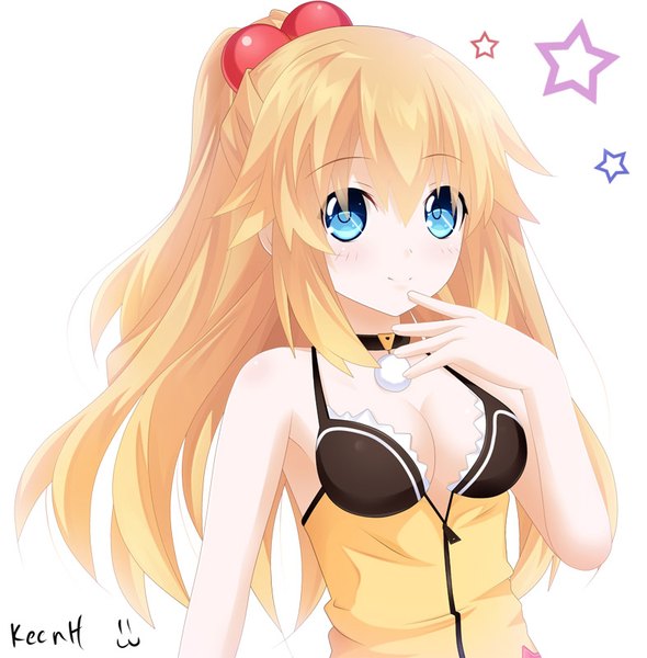 Anime picture 786x800 with choujigen game neptune pish keenh single long hair tall image blush fringe breasts blue eyes simple background blonde hair smile hair between eyes white background bare shoulders signed payot looking away upper body