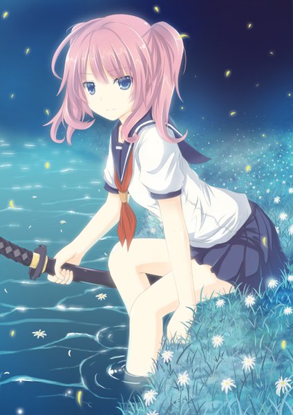 Anime picture 1754x2480 with original mizunashi kenichi single long hair tall image highres blue eyes twintails pink hair girl skirt flower (flowers) weapon plant (plants) miniskirt shirt sword water serafuku katana