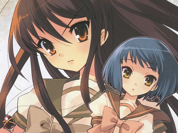 Anime picture 1024x768 with shakugan no shana j.c. staff shana konoe fumina itou noiji long hair brown hair multiple girls brown eyes yellow eyes blue hair official art wallpaper girl uniform 2 girls school uniform