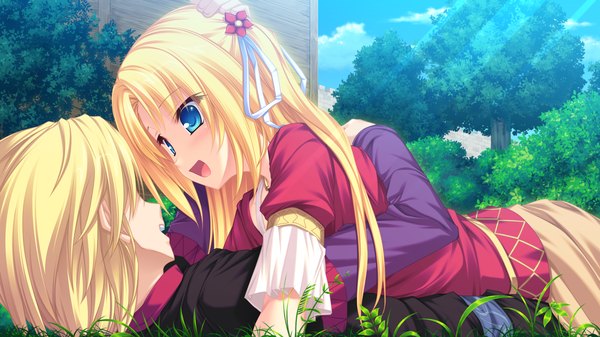Anime picture 1920x1080 with ryuuyoku no melodia carlyle mel tenmaso long hair highres short hair open mouth blue eyes blonde hair wide image game cg couple girl dress boy ribbon (ribbons) hair ribbon