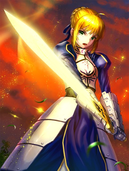 Anime picture 867x1142 with fate (series) fate/stay night type-moon artoria pendragon (all) saber kfr single tall image looking at viewer short hair blonde hair green eyes ahoge braid (braids) girl ribbon (ribbons) weapon hair ribbon sword leaf (leaves)
