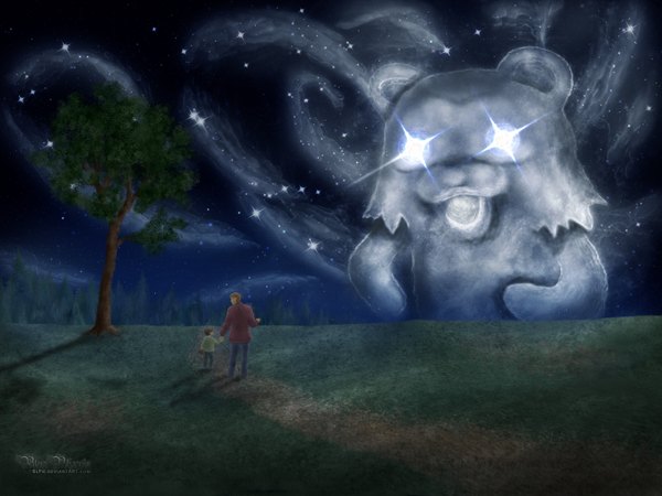 Anime picture 1600x1200 with original pedobear biph (artist) night glowing glowing eye (eyes) constellation plant (plants) tree (trees) star (stars) dear
