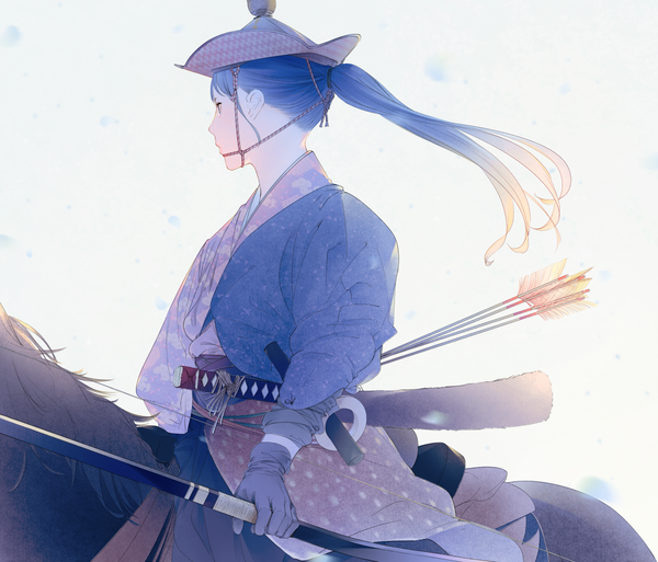 Anime picture 1200x1026 with original sousou (sousouworks) single long hair fringe blue eyes sitting holding blue hair looking away upper body ponytail long sleeves traditional clothes japanese clothes profile wind blurry snowing sheathed