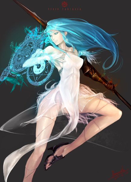 Anime picture 868x1199 with original pixiv fantasia bamuth single long hair tall image blush breasts open mouth blue eyes light erotic simple background large breasts bare shoulders blue hair looking away barefoot grey background legs magic