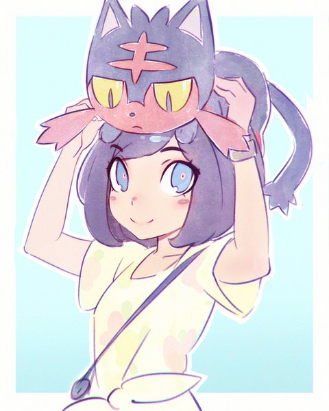 Anime picture 1080x1350 with pokemon pokemon sm nintendo selene (pokemon) litten ilya kuvshinov single tall image blush short hair blue eyes black hair simple background smile upper body arms up border blue background outside border gen 7 pokemon