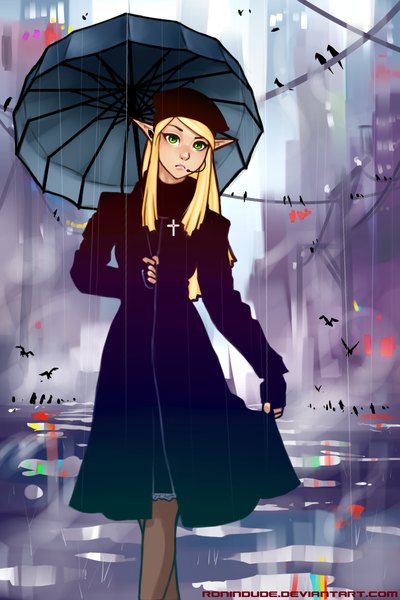 Anime picture 800x1200 with ronin dude (ray cornwell) single long hair tall image looking at viewer blonde hair green eyes pointy ears rain walking girl headphones umbrella microphone clothes