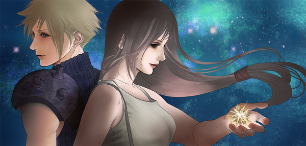 Anime picture 1000x480 with final fantasy final fantasy vii square enix tifa lockhart cloud strife yuu (dune) long hair short hair blue eyes brown hair wide image brown eyes profile light smile wind night sky sleeveless couple light blue background