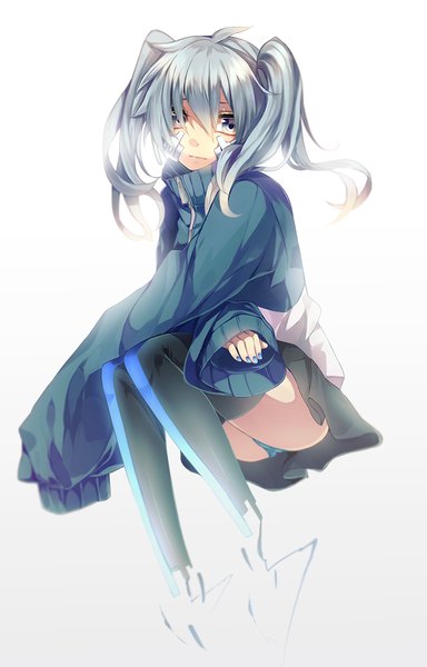 Anime picture 819x1280 with kagerou project shaft (studio) ene (kagerou project) ri-rihoo single long hair tall image blue eyes light erotic simple background white background sitting twintails blue hair looking away long sleeves nail polish pantyshot girl thighhighs