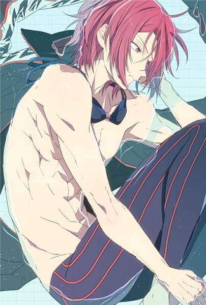 Anime picture 700x1035 with free! kyoto animation matsuoka rin nic (kevin) single tall image short hair pink hair profile pink eyes partially submerged looking down embryo's pose goggles around neck boy uniform water gym uniform goggles swimming trunks