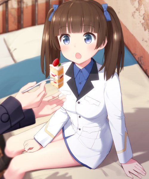Anime picture 750x900 with strike witches georgette lemare shimohara sadako haribote (tarao) long hair tall image blush fringe open mouth blue eyes brown hair sitting twintails holding looking away blunt bangs arm support :o shadow solo focus