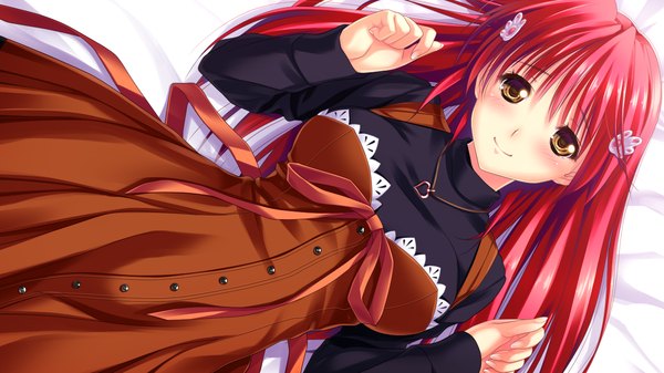 Anime picture 1280x720 with koi mekuri clover kohinata yuuka amasaka takashi long hair blush smile wide image yellow eyes game cg red hair girl dress hair ornament pendant