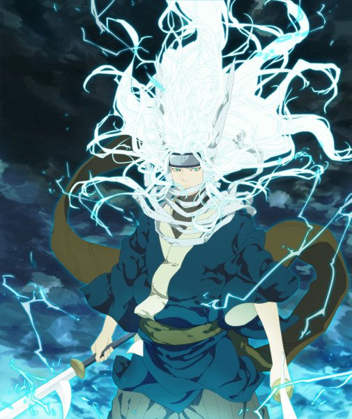 Anime picture 1011x1200 with naruto studio pierrot naruto (series) ameyuri ringo k (artist) single long hair tall image looking at viewer standing holding green eyes sky cloud (clouds) white hair traditional clothes japanese clothes wind glowing boy