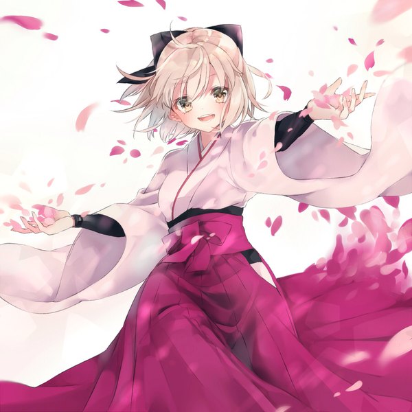 Anime picture 1500x1500 with fate (series) fate/grand order okita souji (fate) (all) okita souji (koha-ace) mei (maple 152) single looking at viewer blush short hair open mouth simple background blonde hair white background yellow eyes ahoge traditional clothes japanese clothes spread arms half updo girl