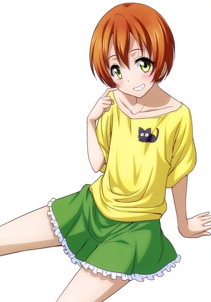 Anime picture 2133x3062 with love live! school idol project sunrise (studio) love live! hoshizora rin inou shin single tall image looking at viewer blush highres short hair simple background smile white background green eyes scan orange hair animal print girl skirt