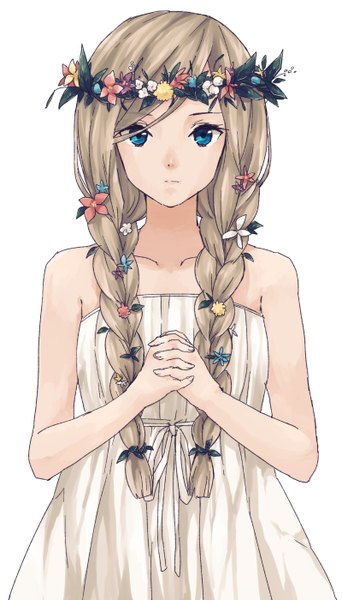 Anime picture 800x1400 with original matsuki (mikipingpong) single long hair tall image looking at viewer blue eyes blonde hair simple background white background bare shoulders braid (braids) hair flower twin braids girl dress hair ornament flower (flowers) white dress wreath