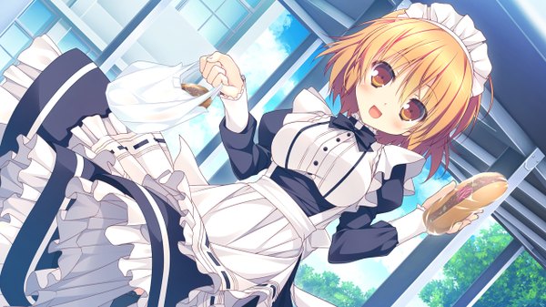 Anime picture 1280x720 with clover day's yuibashi izumi chikotam single looking at viewer blush short hair open mouth blonde hair smile wide image brown eyes game cg maid girl dress bow headdress maid headdress sandwich