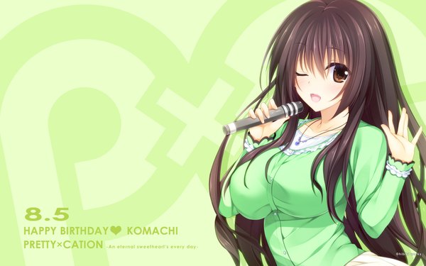 Anime picture 1920x1200 with pretty cation oryou single long hair looking at viewer blush highres breasts open mouth black hair large breasts brown eyes one eye closed wink inscription girl pendant microphone