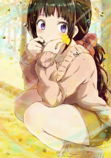 Anime picture 1023x1447 with hyouka kyoto animation chitanda eru takeashiro single long hair tall image looking at viewer blush fringe black hair purple eyes bent knee (knees) adjusting hair squat girl skirt flower (flowers) bow plant (plants)