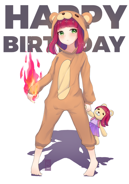 Anime picture 840x1200 with league of legends annie (league of legends) tibbers (league of legends) sushiroe single tall image blush fringe short hair simple background standing white background green eyes red hair barefoot inscription girl toy stuffed animal teddy bear